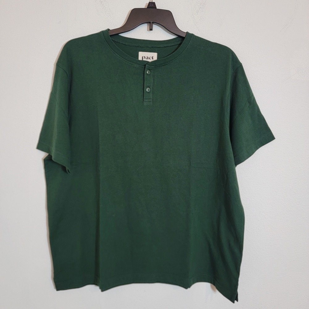 Pact Mens 100% Organic Cotton XL Henley Shirt Short Sleeve Green Casual Slub Tee